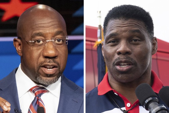 October 27, 2022: This compilation photo shows Sen. Raphael Warnock left, during a debate in Atlanta on Sunday, Oct. 16, 2022 and Georgia Republican Senate candidate Herschel Walker during a campaign ...