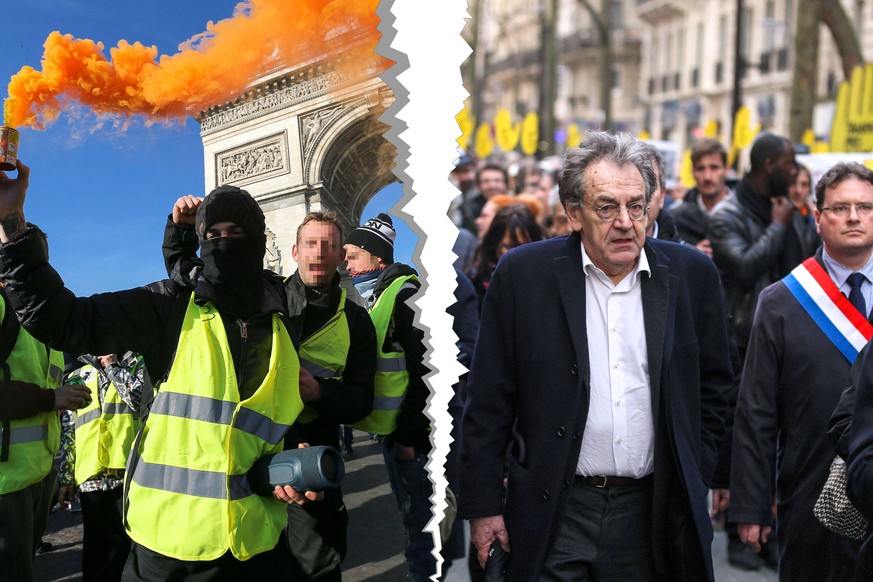 Links: Gelbwesten-Demonstranten, rechts: Philosoph Alain Finkielkraut.