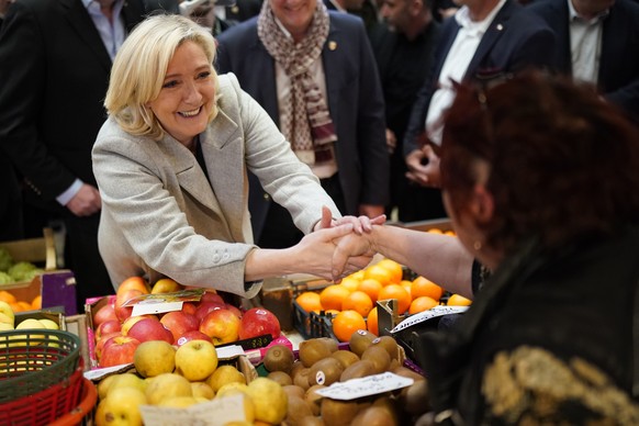 French far-right leader Marine Le Pen shakes hands to a fruits seller as she tours a food market in Narbonne, southern France, Friday, April 8, 2022. France&#039;s first round of the presidential elec ...