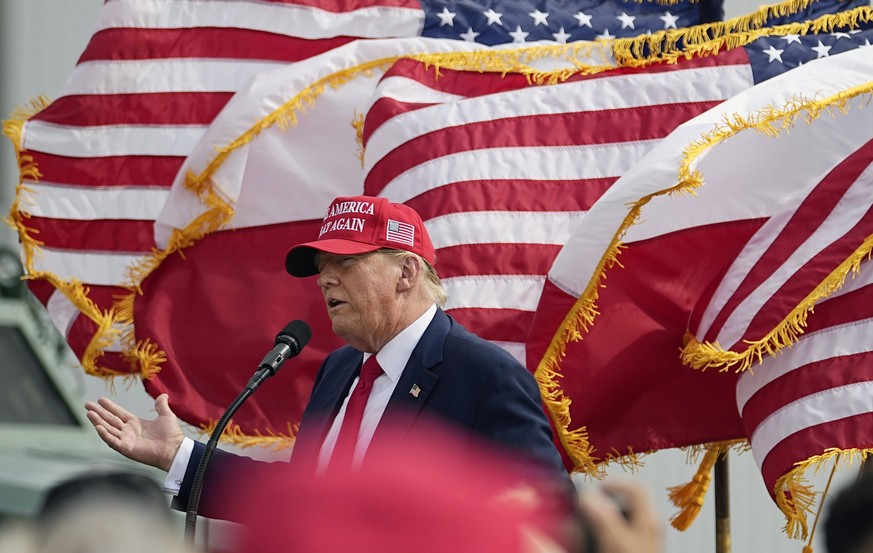 Republican presidential candidate and former President Donald Trump speaks to supporters after he was endorsed by Texas Gov. Greg Abbott at the South Texas International Airport Sunday, Nov. 19, 2023, ...