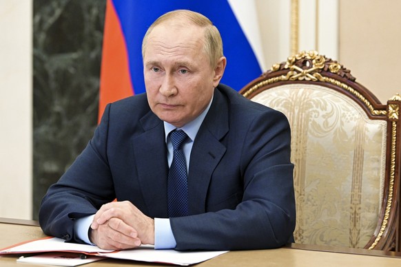 Russian President Vladimir Putin chairs a Security Council meeting via videoconference in the Kremlin in Moscow, Russia, Thursday, July 28, 2022. (Pavel Byrkin, Sputnik, Kremlin Pool Photo via AP)