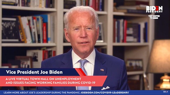 WILMINGTON, DELAWARE - APRIL 08: In this screengrab from Joebiden.com , Democratic presidential candidate and former U.S. Vice President Joe Biden speaks during a Coronavirus Virtual Town Hall from hi ...