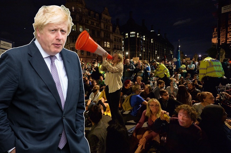 August 28, 2019, London, London, UK: London, UK. Protesters take part in a demonstration in Westminster against British Prime Minister Boris Johnson s plan to suspend Parliament until October 14th. Op ...