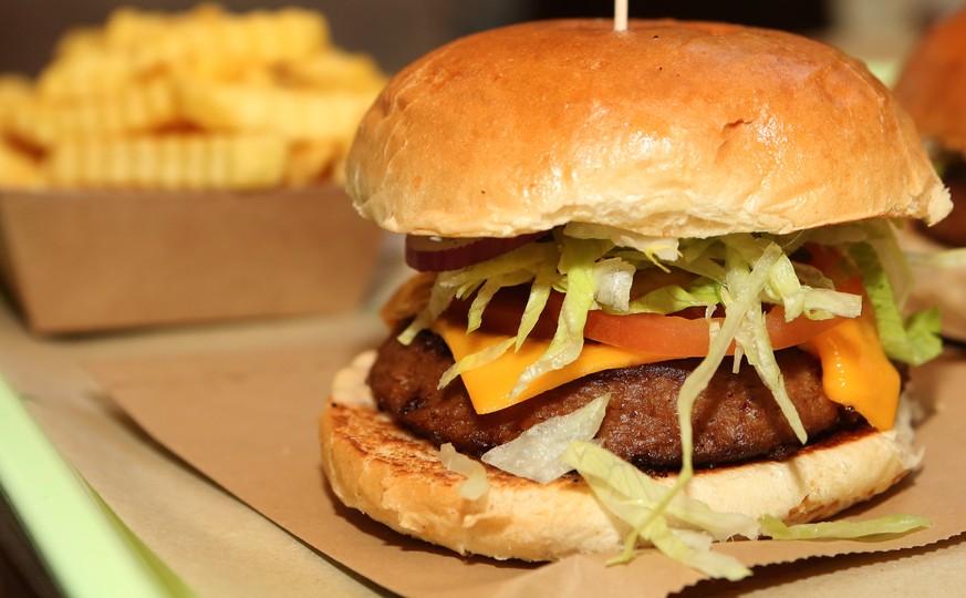 BERLIN, GERMANY - MAY 18: A Beyond Burger, a vegan veggie burger, is seen at the Vedang fast food restaurant in the Mall of Berlin on May 18, 2019 in Berlin, Germany. With fast food chains such as McD ...