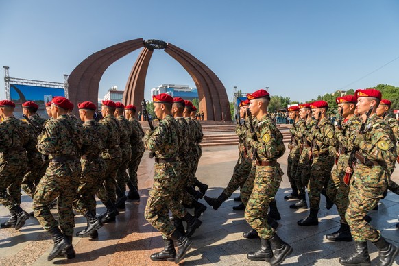 Bishkek, Kyrgyzstan - May 9, 2022: Kyrgyzstan army forces marching during a military parade on Victory Day xkwx army, kyrgyzstan, marching, military, parade, victory day, uniform, war, soldier, camouf ...