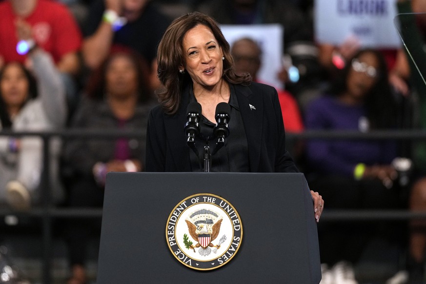 Democratic presidential nominee Vice President Kamala Harris speaks during a campaign rally at the Dort Financial Center in Flint, Mich., Friday, Oct. 4, 2024. (AP Photo/Carolyn Kaster)