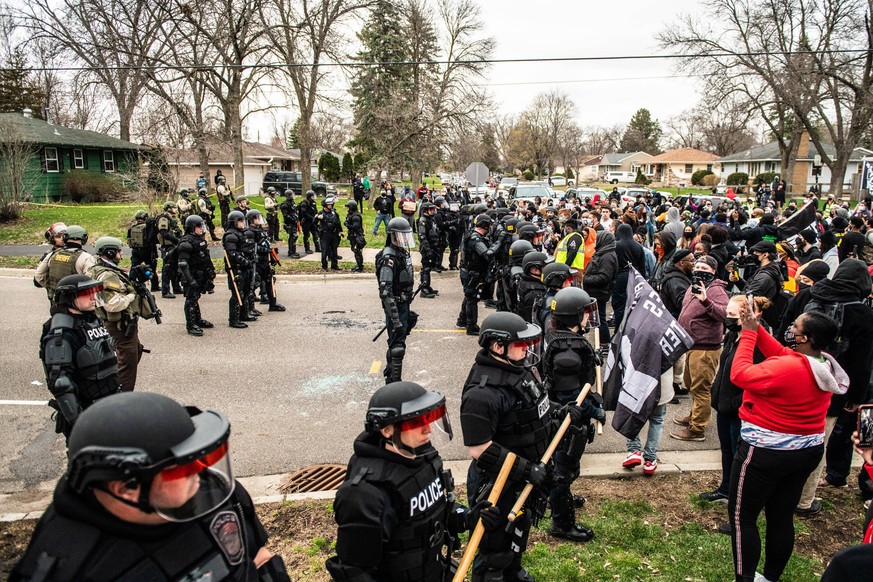 Protestors demonstrate near the corner of Katherene Drive and 63rd Ave North on April 11, 2021 in Brooklyn Center, Minnesota after the killing of Daunte Wright. Photo: Chris Tuite/ImageSPACE /MediaPun ...