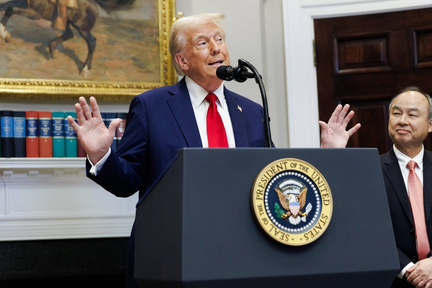 United States President Donald Trump gives remarks on AI Infrastructure in the Roosevelt Room of the White House in Washington DC, on Tuesday, January 21, 2025. President Trump is expected to announce ...