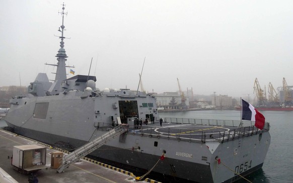 Ukraine NATO Warship 6730433 24.12.2021 The Auvergne multipurpose frigate of the French Navy is moored at the Black Sea port of Odessa, Ukraine. The warship that will stay in Odessa until December 28  ...