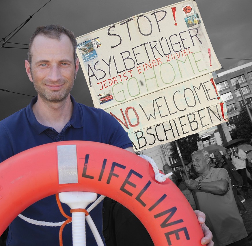 DRESDEN, GERMANY - JULY 27: Supporters of the Pegida movement, including one holding a sign that reads: &quot;Stop asylum cheaters, each one is one too many, go home! No welcome! Deportation!&quot;, m ...