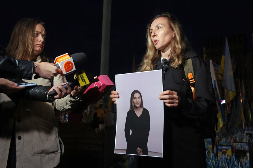 KYIV, UKRAINE - OCTOBER 11, 2024 - Khrystyna Kotsira, the editor-in-chief of Ukrainian news outlet Hromadske, speaks to the press during a commemorative event for Ukrainian journalist Viktoria Roshchy ...