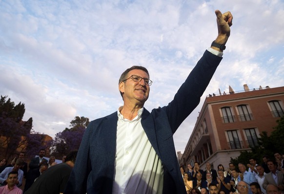 May 5, 2023, Malaga, Spain: Spanish Popular Party leader Alberto Nunez Feijoo is seen waving to supporters as he takes part in an electoral pre-campaign event. The president of the Spanish Popular Par ...