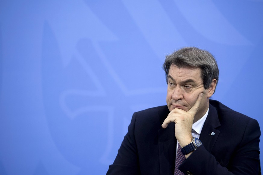 Markus Soeder, Coronavirus Crisis DEU, Deutschland, Germany, Berlin, 10.02.2021 Markus Soeder, Ministerpraesident von Bayern CSU, waehrend der Pressekonferenz nach der Telefonschaltkonferenz mit den R ...