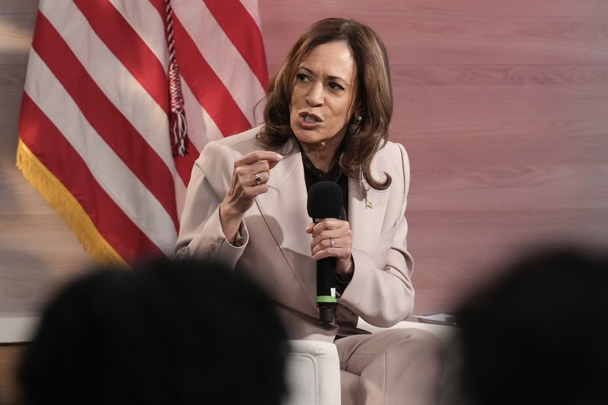 Democratic presidential nominee Vice President Kamala Harris is interviewed by members of the National Association of Black Journalists at the WHYY studio in Philadelphia, Tuesday, Sept. 17, 2024. (AP ...