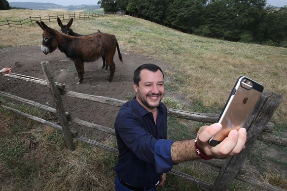 Interior Minister Matteo Salvini takes a selfie with donkeys as he visits a farm confiscated in 2007 to the Italian mafia, in Suvignano, near Siena, central Italy, Tuesday, July 3, 2018. After the vil ...
