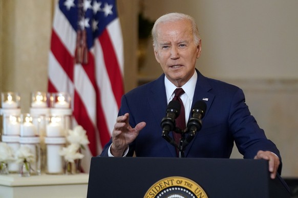President Joe Biden speaks on the one year anniversary of the school shooting in Uvalde, Texas, at the White House in Washington, Wednesday, May 24, 2023. (AP Photo/Andrew Harnik)