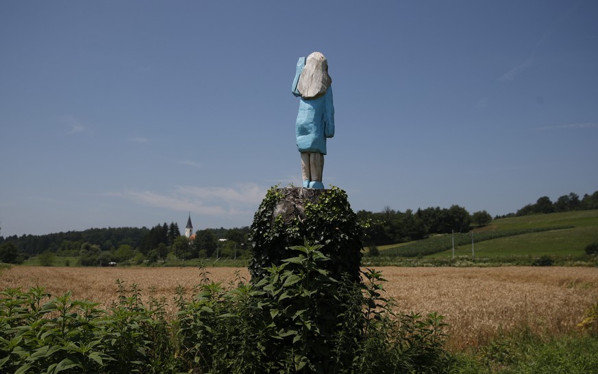 In this Friday, July 5, 2019 photo, a sculpture created by American artist Brad Downey depicting Melania Trump is seen in her hometown in Sevnica, Slovenia. A life-size sculpture of the U.S. first lad ...