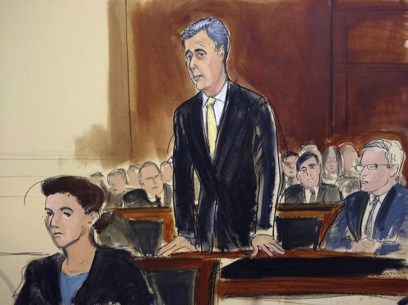 In this court room drawing, Michael Cohen stands to plead guilty, flanked by Assistant US Attorney Andrea Griswold, left, and Cohen's attorney Guy Petrillo, far right, at federal court in New York Tue ...