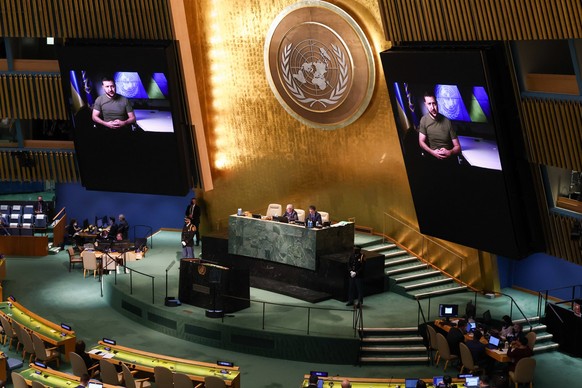 NEW YORK CITY, USA SEPTEMBER 21, 2022: A video address by Ukraine s President Volodymyr Zelensky at the 77th session of the United Nations General Assembly UNGA at the UN headquarters. Valery Shariful ...