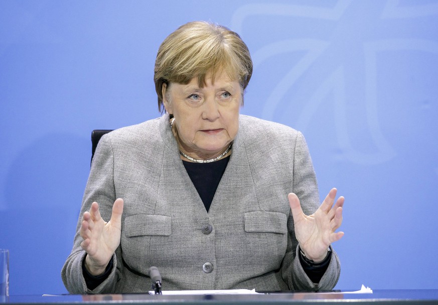 Bundeskanzlerin Angela Merkel, CDU, gibt nach einer Videokonferenz des Bundesregierung mit den Ministerpraesidenten, im Zusammenhang mit dem Coronavirus, eine Presseunterrichtung. Berlin, 15.04.2020 B ...