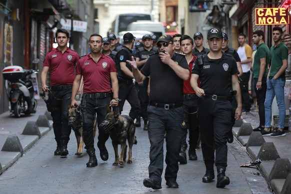 A phalanx of police officers follow Turkey&#039;s lesbian, gay, bisexual, trans and intersex activists as they march despite a ban, in Istanbul, Sunday, July 1, 2018. The Istanbul LGBTI+ activists gat ...