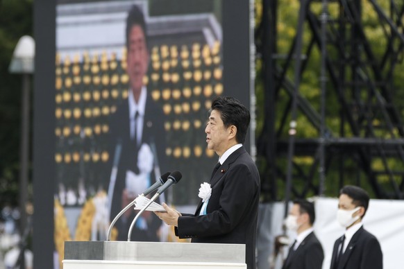 August 6, 2020, Hiroshima, Japan: Japanese Prime Minister Shinzo Abe delivers a speech during the Peace Memorial Ceremony 2020 at the Peace Memorial Park. Local authorities implemented measures to pre ...