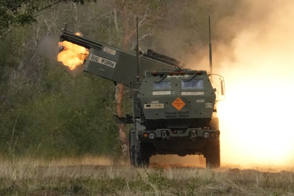 A U.S. M142 High Mobility Artillery Rocket System (HIMARS) fires a missile during a joint military drill between the Philippines and the U.S. called Salaknib at Laur, Nueva Ecija province, northern Ph ...