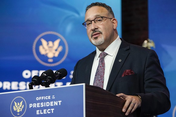 WILMINGTON, DE - DECEMBER 23: Miguel Cardona speaks after President-Elect Joe Biden announced his nomination for Education Secretary at the Queen theatre on December 23, 2020 in Wilmington, Delaware. ...
