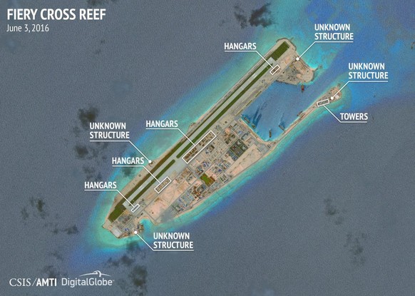 epa05468409 A handout satellite image provided by the Center for Strategic and International Studies/Asia Maritime Transparency Initiative/Digital Globe on 09 August 2016 shows the Fiery Cross Reef in ...