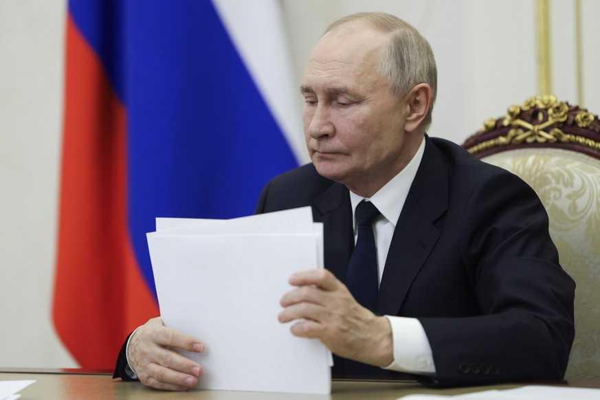 Russian President Vladimir Putin holds a meeting of the Council for Science and Education via videoconference at the Kremlin in Moscow, Russia, Thursday, Feb. 6, 2025. (Gavriil Grigorov, Sputnik, Krem ...