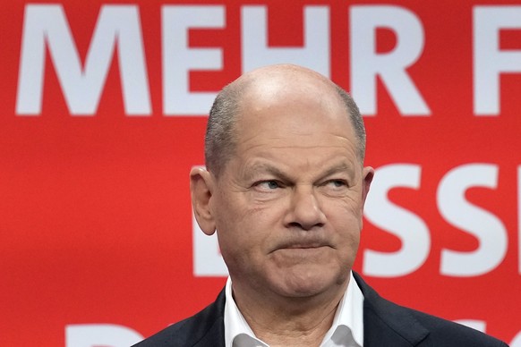 German Chancellor Olaf Scholz after first projections are announced during the election party at the Social Democratic Party (SPD) headquarters in Berlin, Germany, Sunday, March 23, 2025. (AP Photo/Eb ...