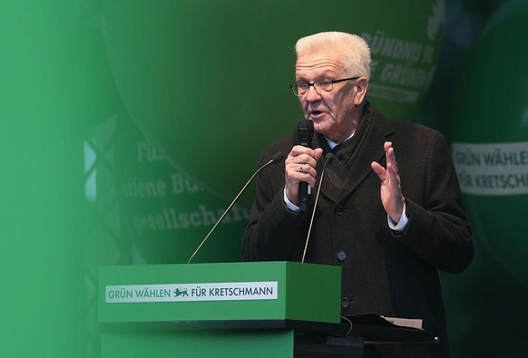 STUTTGART, GERMANY - MARCH 09: Winfried Kretschmann, incumbent governor of Baden-Wuerttemberg and member of the German Greens Party (Buendnis 90/Die Gruenen), speaks to supporters at a Baden-Wuerttemb ...