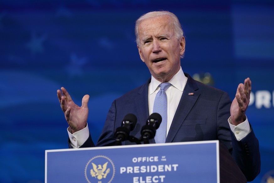 President-elect Joe Biden speaks at The Queen theater in Wilmington, Del., Wednesday, Jan. 6, 2021. Biden has called the violent protests on the U.S. Capitol &quot;an assault on the most sacred of Ame ...