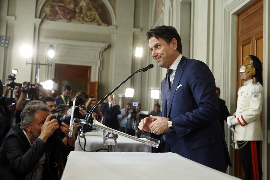 Giuseppe Conte speaking to the press Rome August 29th 2019. Quirinale. After days of consultations, Giuseppe Conte is the appointed premier, charged by the President of the Republic. Conte accepted th ...