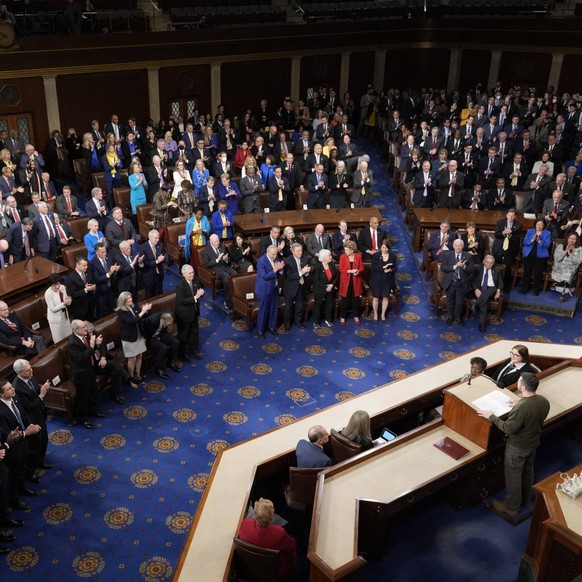 Syndication: USA TODAY President Volodymyr Zelenskyy of Ukraine receives a standing ovation as he addresses a joint meeting of Congress at the Capitol on December 21, 2022. The Ukrainian President vis ...