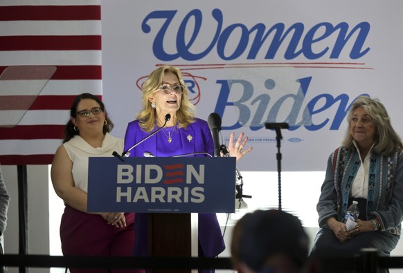 First lady Jill Biden speaks to supporters during a &quot;Women for Biden-Harris&quot; event at SEIU headquarters, Local 1107, Saturday, March 2, 2024, in Las Vegas. Congresswoman Dina Titus, D-Nev.,  ...