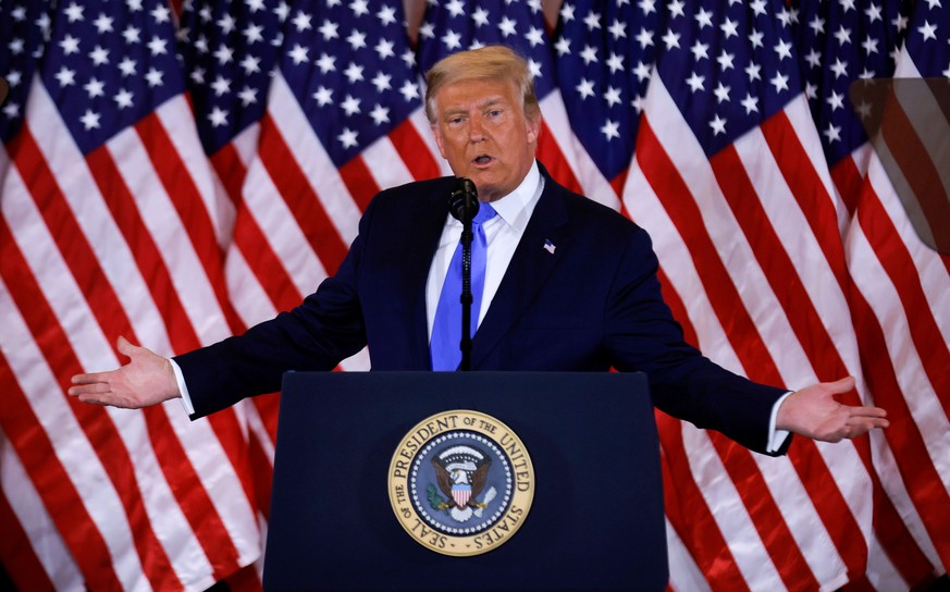 U.S. President Donald Trump speaks about early results from the 2020 U.S. presidential election in the East Room of the White House in Washington, U.S., November 4, 2020. REUTERS/Carlos Barria TPX IMA ...
