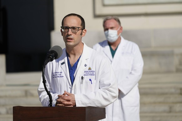 Dr. Brian Garibaldi addresses the media on the condition of the president at the Walter Reed Medical Center in Bethesda, Maryland on Monday, October 5, 2020. The President is undergoing treatment for  ...