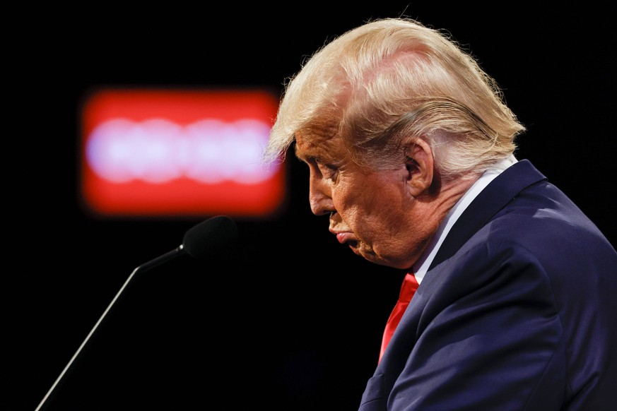 President Donald Trump reacts during debate with Democratic presidential nominee Joe Biden at their final presidential debate at Belmont University on Thursday, October 22, 2020 in Nashville, Tennesse ...