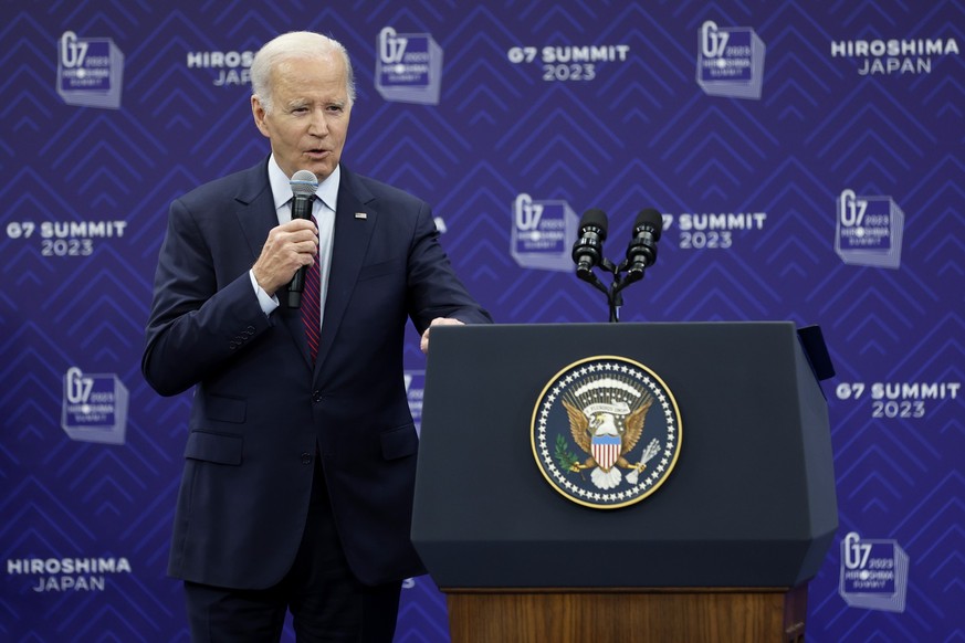 US President Joe Biden speaks during a news conference following the Group of Seven (G-7) leaders summit in Hiroshima, Japan, on Sunday, May 21, 2023. (Kiyoshi Ota/Bloomberg pool via AP)