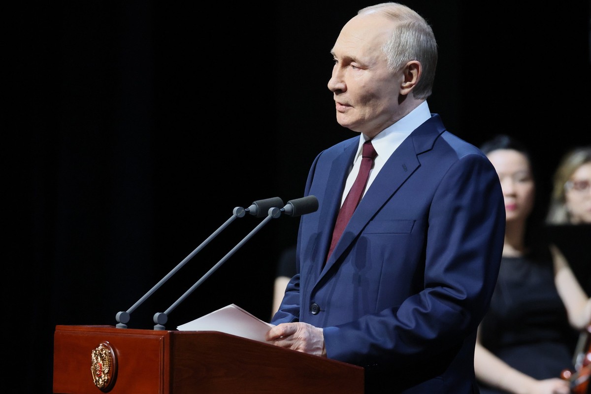 Russian President Vladimir Putin speaks during an opening ceremony of a concert hall in Sirius urban-type settlement, Krasnodar Territory, Russia, Friday, Oct. 3, 2025. (Mikhail Metzel, Sputnik, Kreml ...