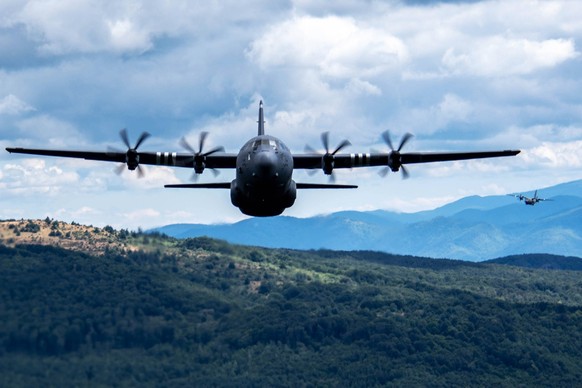August 9, 2023 - Bulgaria - C-130J Super Hercules aircraft pilots, from the 37th Airlift Squadron, Ramstein Air Base, Germany, fly in a three plane formation with Bulgarian NATO allies during Thracian ...