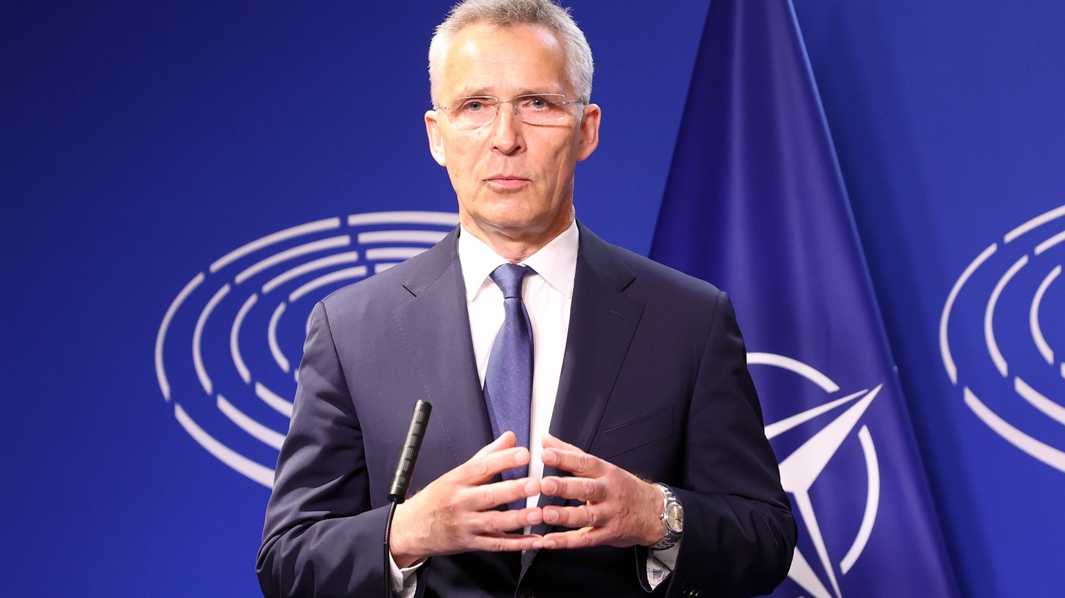 BRUSSELS, BELGIUM - APRIL 28: NATO Secretary General Jens Stoltenberg and European Parliament President Roberta Metsola (not seen) hold a press conference at the European Parliament in Brussels, Belgi ...