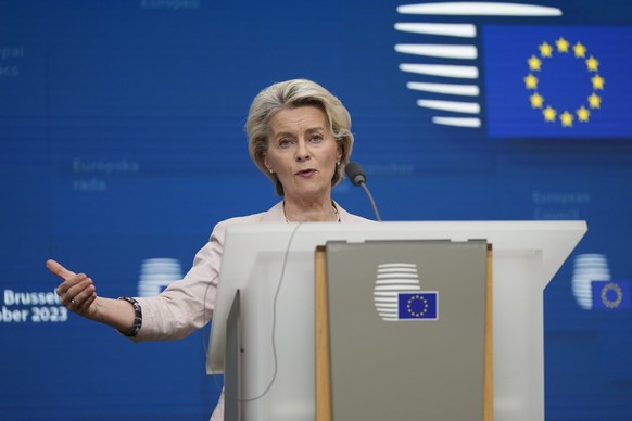 European Commission President Ursula von der Leyen addresses a media conference during an EU summit in Brussels, Friday, Oct. 27, 2023. European Union leaders gathered Thursday to debate ways to use t ...