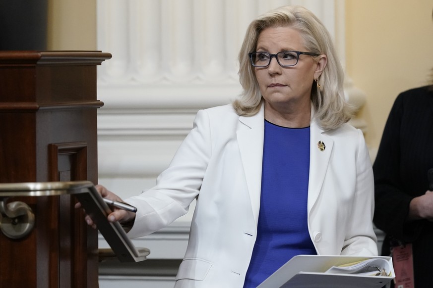 FILE - Vice Chair Liz Cheney, R-Wyo., arrives after a break as the House select committee investigating the Jan. 6 attack on the U.S. Capitol holds a hearing at the Capitol in Washington, Thursday, Ju ...