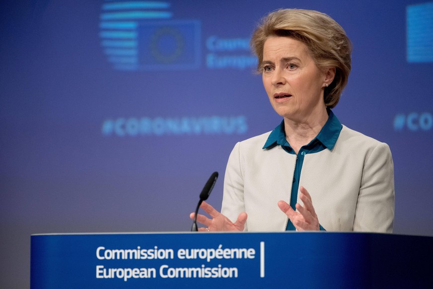 200416 -- BRUSSELS, April 16, 2020 -- European Commission President Ursula von der Leyen attends a press conference on the EU response to the coronavirus crisis at EU headquarters in Brussels, Belgium ...