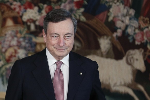 Italian Premier Mario Draghi after the swearing-in ceremony, at the Quirinale Presidential Palace in Rome, Saturday, Feb. 13, 2021. Mario Draghi, credited with largely saving the euro currency, has fo ...