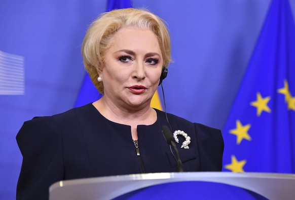 Romanian Prime Minister Viorica Dancila speaks during a media conference at EU headquarters in Brussels, Wednesday Dec. 5, 2018. Romania will assume the rotating EU presidency on Jan. 1, 2019. (AP Pho ...