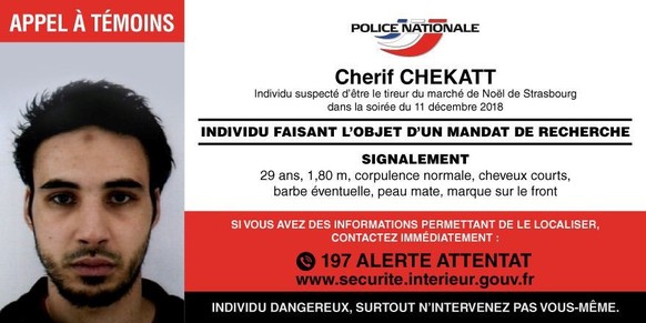 French police posted December 12, 2018 on their Police Nationale Twitter account, a call for witnesses for Strasbourg-born Cherif Chekatt, 29, the day after a gun attack on a Christmas market in Stras ...
