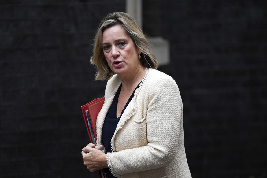 Britain's Work and Pensions Secretary Amber Rudd arrives at Downing Street in London, Wednesday, Sept. 4, 2019. With Britain's prime minister weakened by a major defeat in Parliament, defiant lawmaker ...